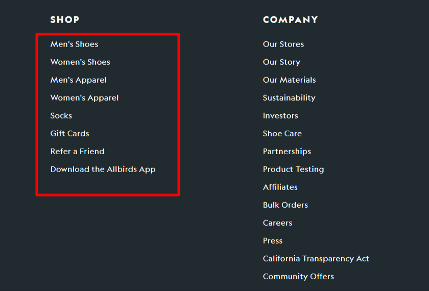 Footer link Allbird shopify store Sitewide Footer link example on Allbird website