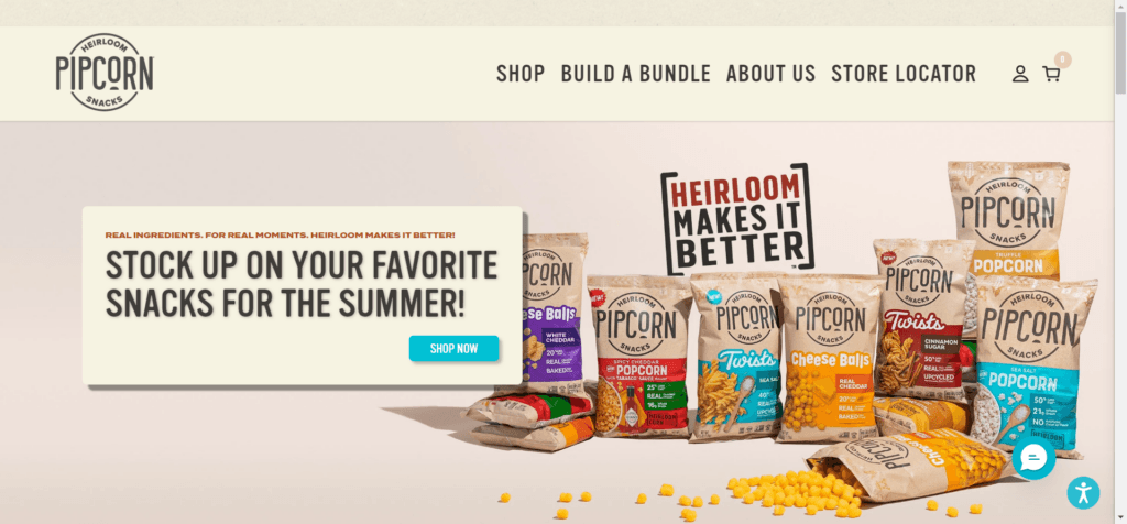 Pipcorn Heirloom Snacks website homepage