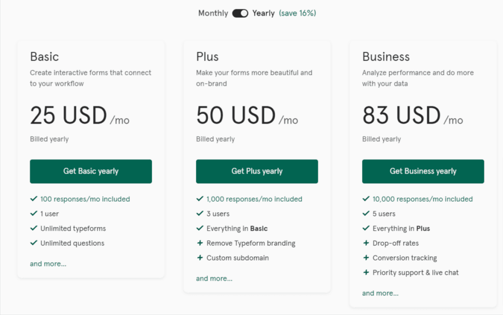 Typeform pricing