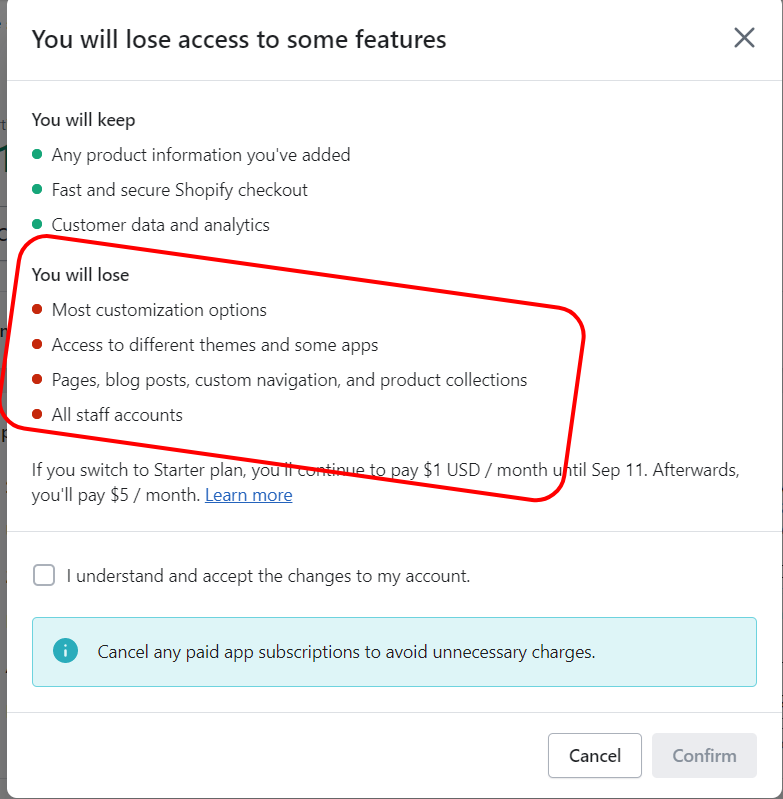 Starter plan lose access to features - CyberNaira Shopify Starter plan details