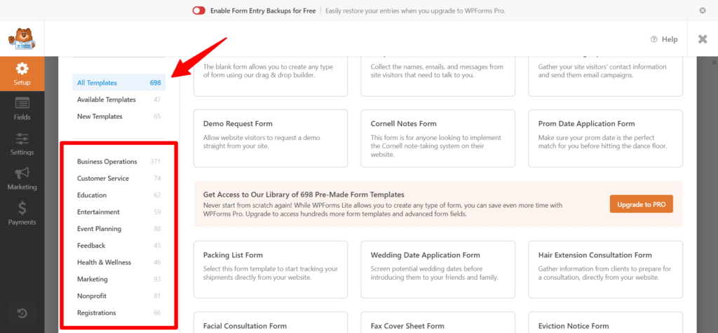 WPForms templates list