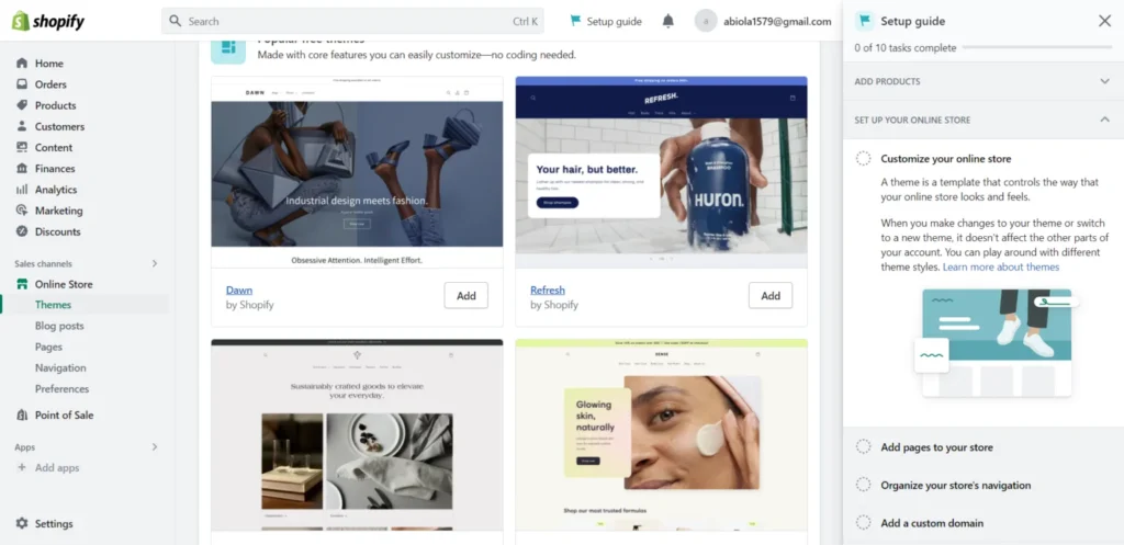 Shopify admin dashboard showing themes section with Dawn and Refresh themes and store setup guide panel.