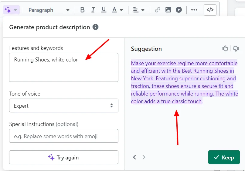 Shopify AI product description generator showing keywords input and generated product description suggestion.