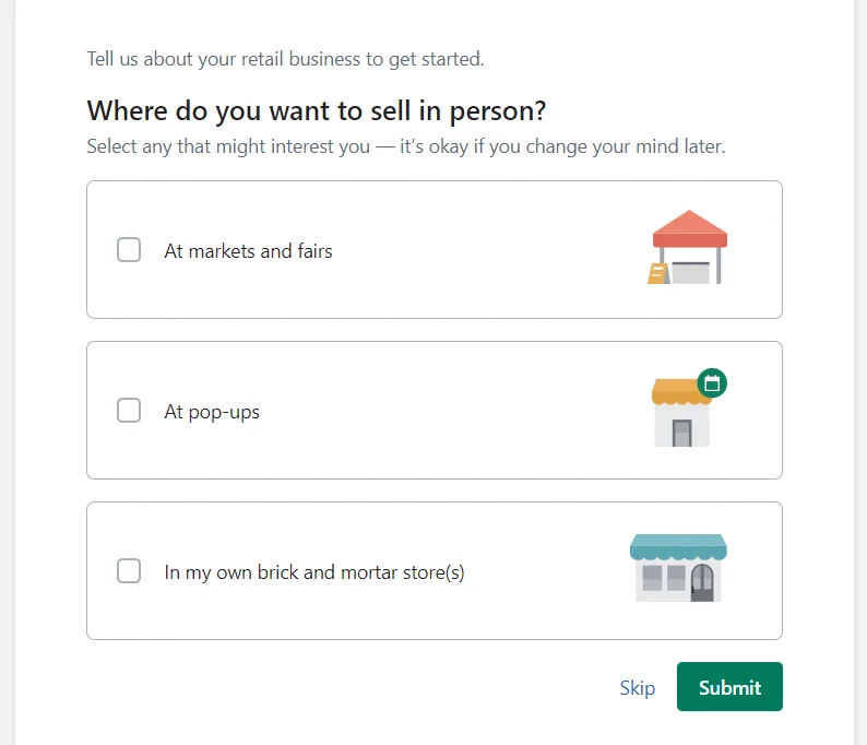 Shopify setup screen asking where you want to sell in person with options like markets, pop-ups, and retail stores.