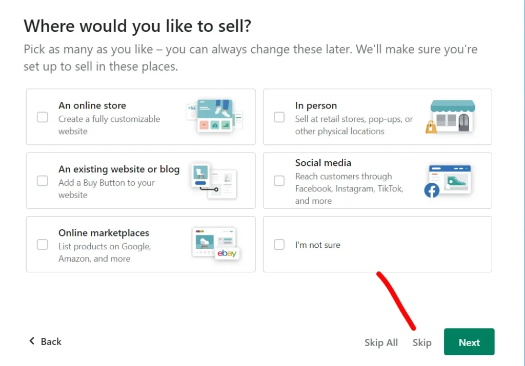 Shopify setup screen asking where you want to sell with options like online store, social media, and marketplaces.