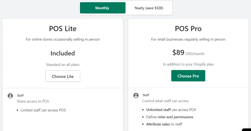 Shopify POS pricing comparison showing POS Lite and POS Pro plans with features and monthly pricing.