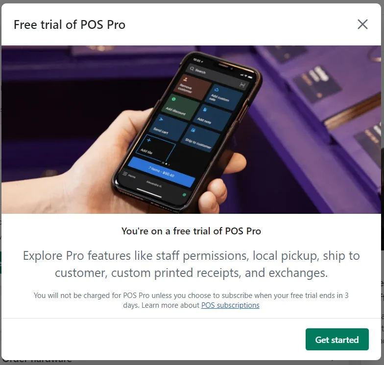 Shopify POS Pro free trial popup showing mobile point of sale interface and features overview.