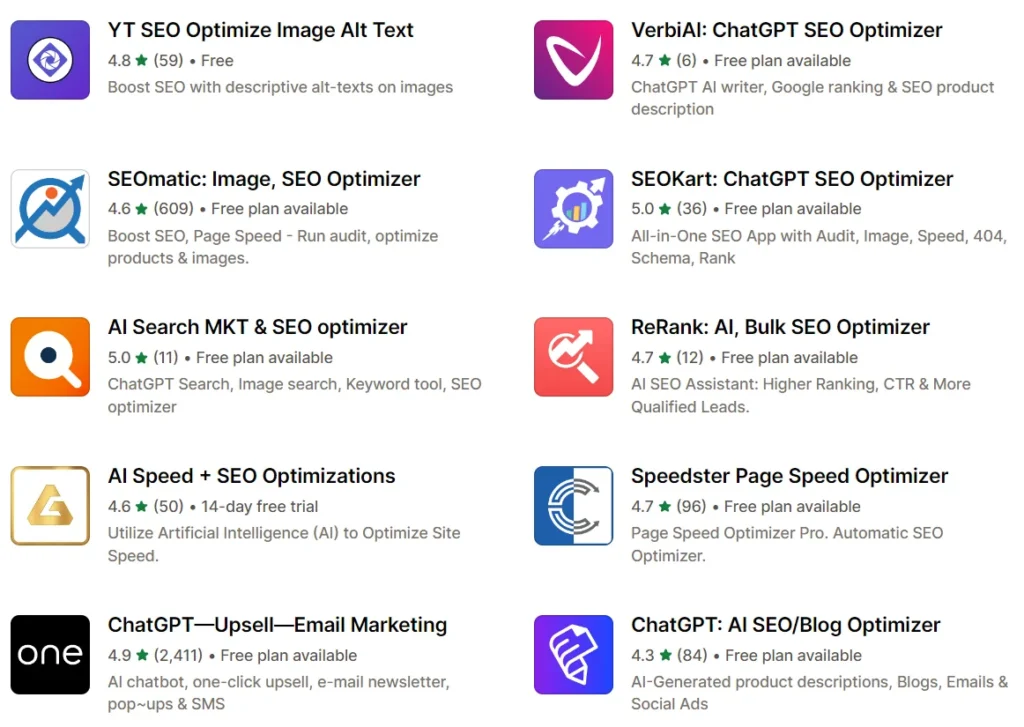 Shopify app store showing SEO apps like SEO optimizer, image optimizer, and AI SEO tools with ratings and features.
