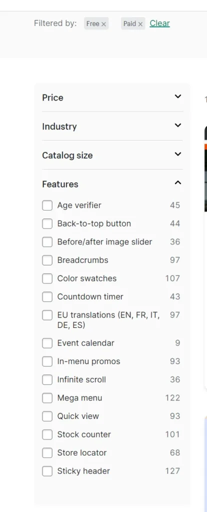 Shopify theme filters panel showing features like color swatches, mega menu, sticky header, and countdown timer.