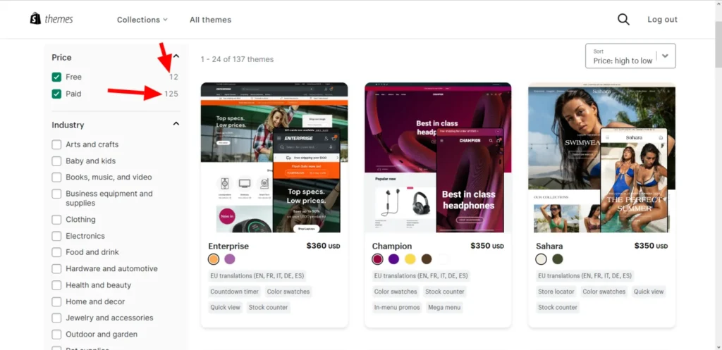 Shopify themes marketplace showing free and paid theme filters with theme listings and pricing options.