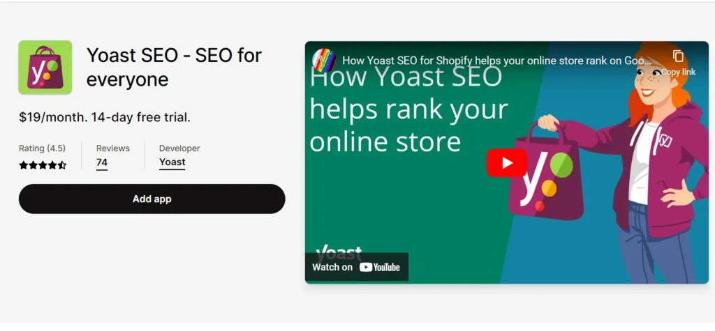 Yoast SEO Shopify app page showing pricing, rating, and overview video for improving store SEO.