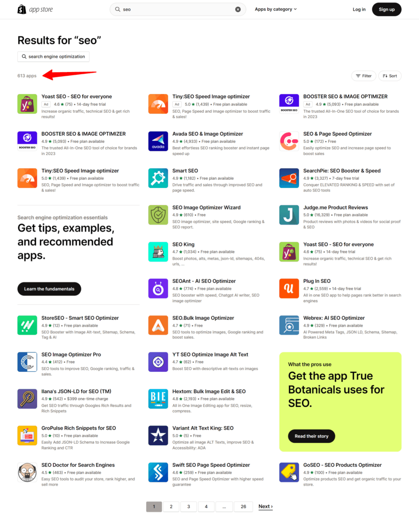 Shopify apps store result for SEO apps