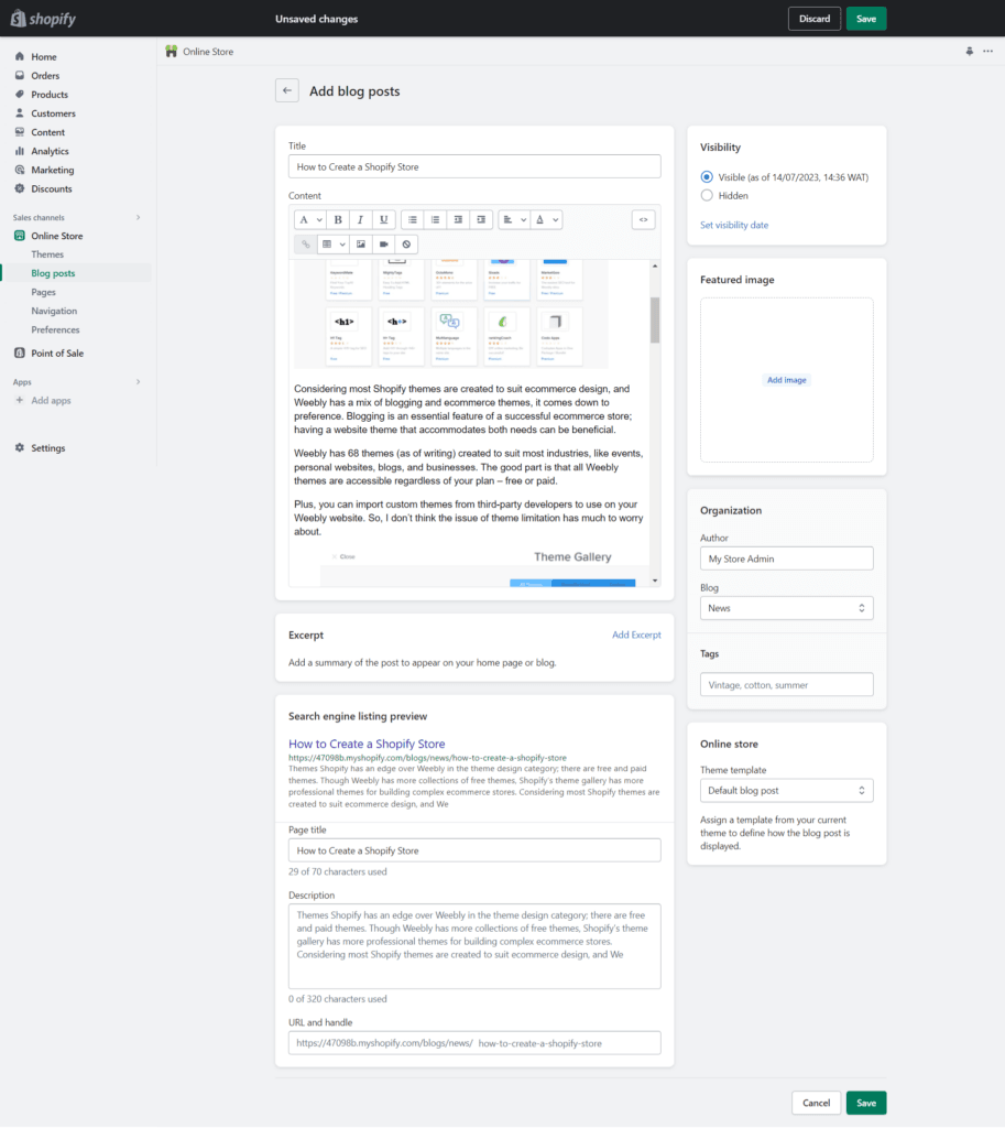 Shopify content editor interface