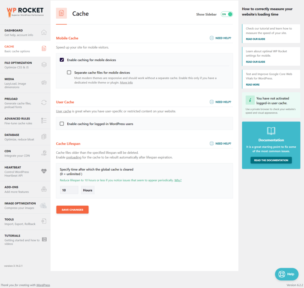 WP Rocket dashboard - CyberNaira A full-page screenshot of the WP Rocket settings dashboard in WordPress. The left sidebar contains a list of optimization categories including Cache, File Optimization, Media, Preload, and CDN. The main content area shows the "Cache" tab, with settings for "Mobile Cache" (enabled), "User Cache" (disabled), and a "Cache Lifespan" set to 10 hours. On the right side, there is a "How to correctly measure your website's loading time" panel with links to helpful guides and documentation. A blue "Help" button is visible in the bottom-right corner, and the WP Rocket logo is featured in the top-left sidebar.