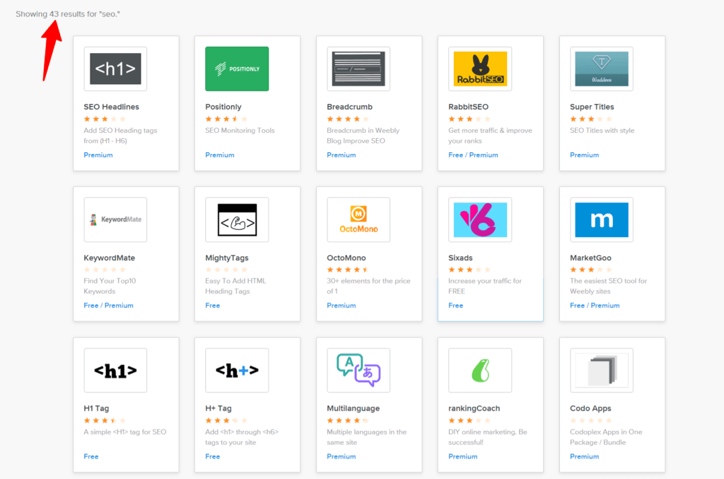 Weebly apps store results for SEO apps