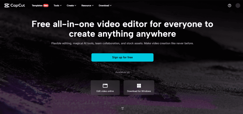 CapCut homepage promoting a free all-in-one video editor with magical AI tools for online or Windows use.