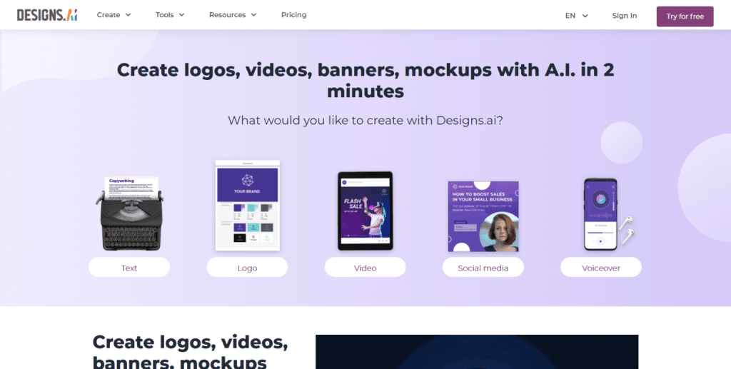 Designs.ai homepage displaying creative tool options for text, logos, videos, social media, and voiceovers.