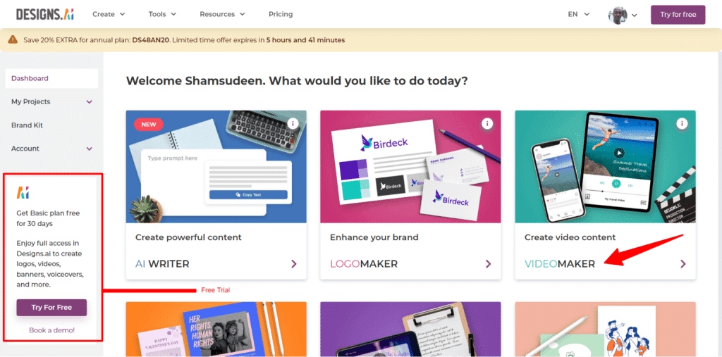 Designs.ai dashboard showing tools for AI Writer, Logomaker, and Videomaker with a free trial offer.