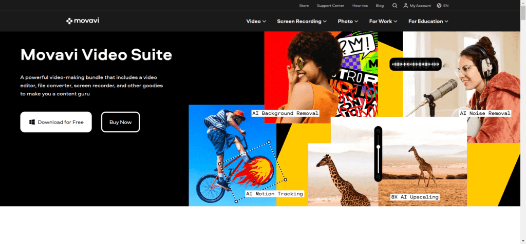 Movavi Video Suite homepage showcasing AI background removal, motion tracking, noise removal, and upscaling features.