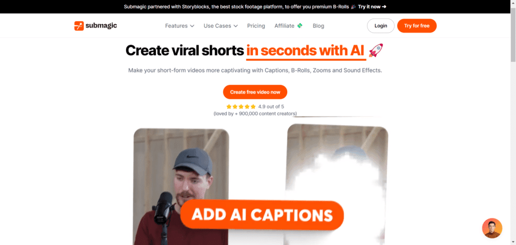 Submagic homepage promoting viral shorts creation with AI captions, B-rolls, and sound effects.