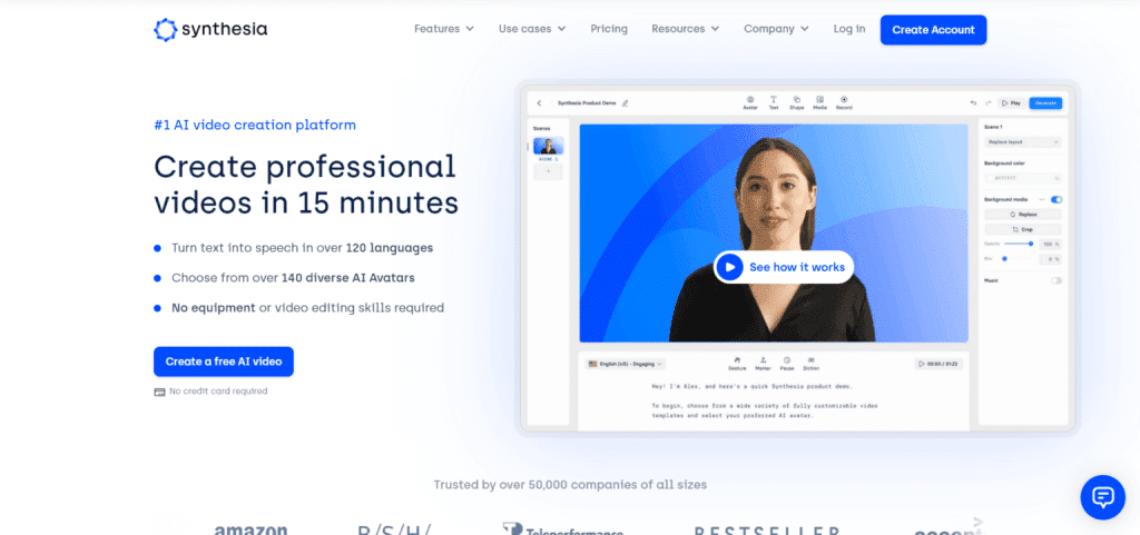 Synthesia homepage featuring a woman AI avatar and text promising professional video creation in 15 minutes.