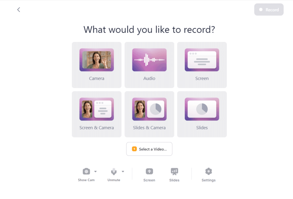 VEED screen recorder dashboard with icons for camera, audio, screen, slides, and combinations for recording video.