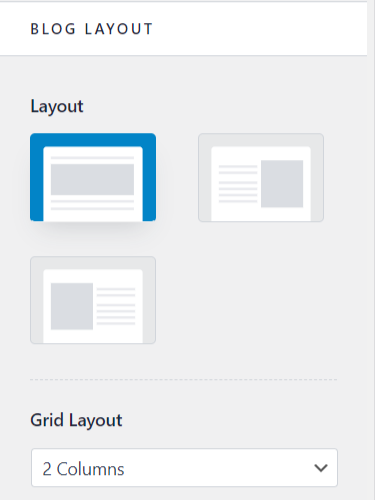 Customize blog layout only - CyberNaira A screenshot of the "Blog Layout" customization panel in the Astra WordPress theme. The interface displays three thumbnail icons representing different content alignments: a full-width featured image with text below, a right-aligned sidebar layout, and a left-aligned sidebar layout. The top-left thumbnail is currently selected with a blue border. Below these options is a "Grid Layout" section featuring a dropdown menu set to "2 Columns."