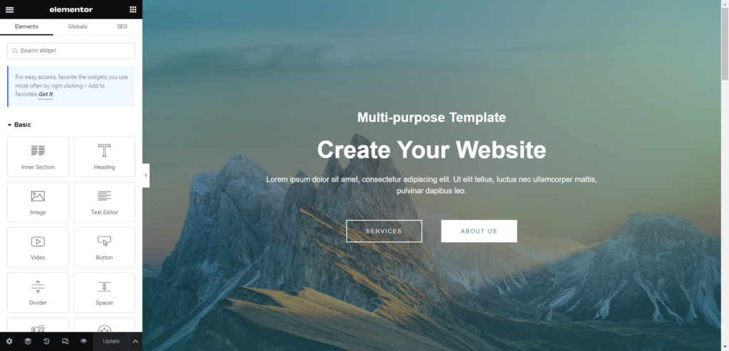 Edit Home with Elementor - CyberNaira Elementor drag and drop editor interface for starter templates