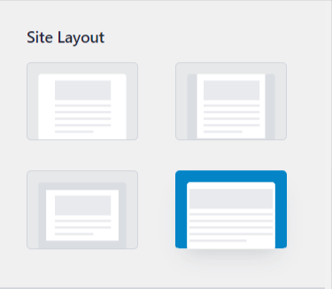 Padded and Fulid Site layout - CyberNaira A screenshot of the "Site Layout" customization options within the Astra Pro WordPress theme. The interface features four visual icons representing different container styles: boxed, full-width, padded, and fluid layouts. The bottom-right icon, depicting a fluid layout with a blue border, is currently selected. These settings allow users to define the global structure and width of their website content across all pages.