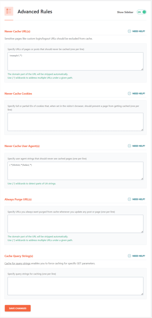 WP Rocket Advanced settings tab