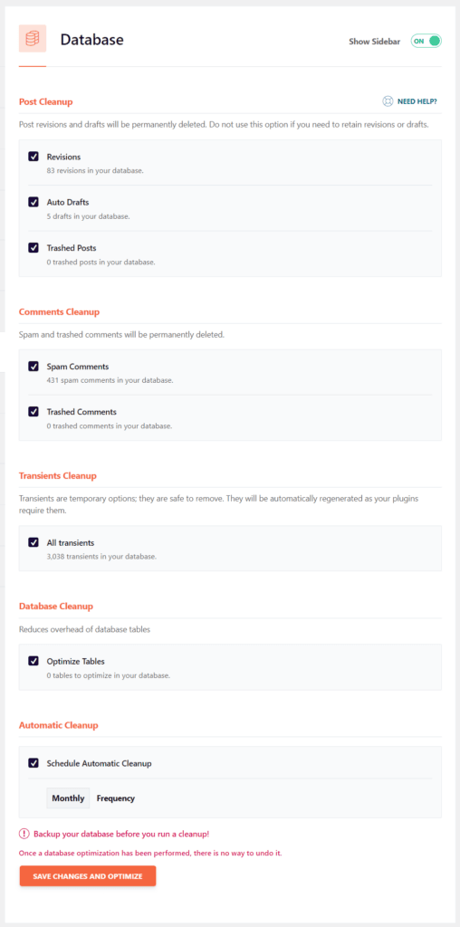 WP Rocket database optimization tab