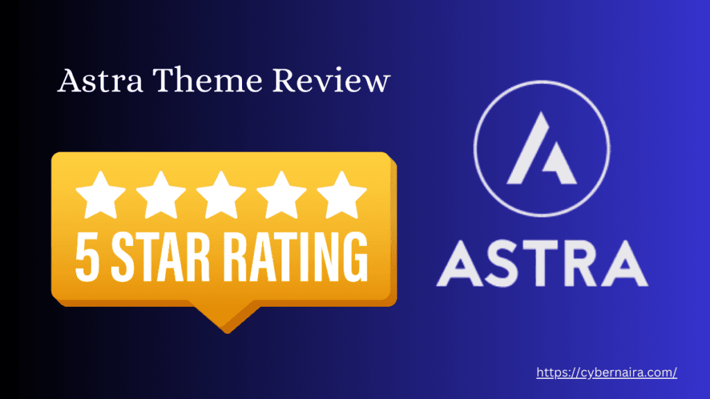 Featured image showing Astra Theme review with a five star rating badge and the Astra logo on a blue background.