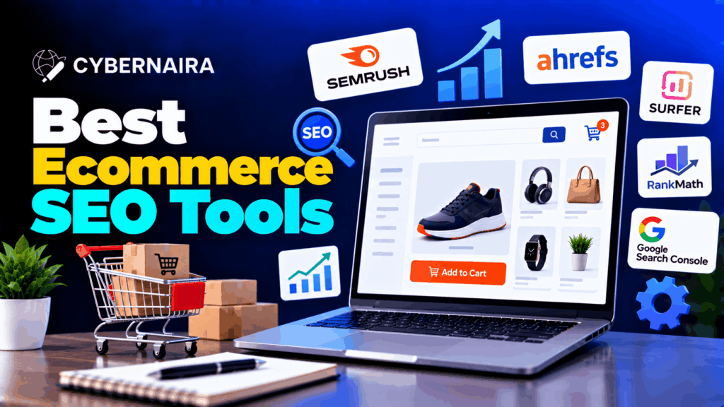 best ecommerce seo tools top platforms to optimize online stores Laptop displaying an ecommerce store product page surrounded by SEO tool logos including Semrush, Ahrefs, Surfer, and RankMath.