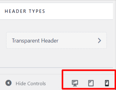 Astra different view header switch - CyberNaira A close-up screenshot of the WordPress customizer interface for the Astra theme, showing "Header Types" settings with a "Transparent Header" option. A prominent red rectangle at the bottom right highlights the responsive device toggle icons, allowing the user to switch between desktop, tablet, and mobile previews while designing the site's layout.