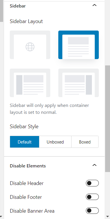 Astra page level settings 2 - CyberNaira A screenshot of the "Astra Settings" panel in the WordPress block editor, focusing on the sidebar configuration. The interface provides four visual selection cards for choosing a "Sidebar Layout" and buttons to toggle the "Sidebar Style" between Default, Unboxed, and Boxed. A note states that the sidebar only applies when the container layout is set to normal. Below these options, a "Disable Elements" section features toggle switches to disable the Header, Footer, and Banner Area for the specific page.
