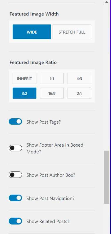 Customize Testing Astra theme and Kadence post features - CyberNaira A screenshot of the single post customization settings in the Kadence WordPress theme. The interface includes options for "Featured Image Width" with buttons for Wide and Stretch Full, and "Featured Image Ratio" with presets for 1:1, 4:3, 3:2, 16:9, and 2:1. Below these, several toggle switches allow users to enable or disable features such as "Show Post Tags?", "Show Footer Area in Boxed Mode?", "Show Post Author Box?", "Show Post Navigation?", and "Show Related Posts?".