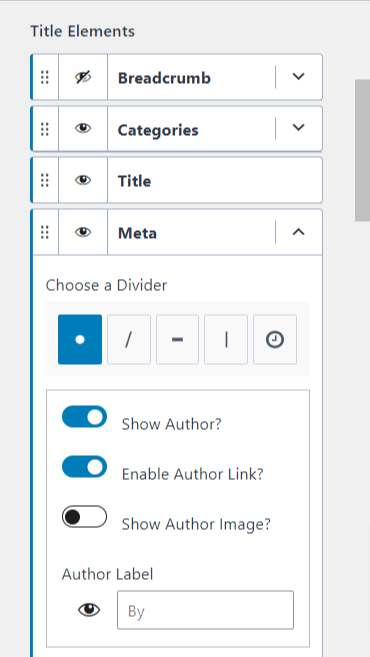 Customize Testing Astra theme and Kadence show post date - CyberNaira A screenshot of the WordPress customizer for the Kadence theme, showing the "Title Elements" configuration sidebar. The interface allows users to toggle the visibility and order of page elements like Breadcrumb, Categories, Title, and Meta. Under the "Meta" dropdown, options are visible for choosing a divider style—such as a dot, slash, hyphen, or vertical bar—and toggle switches for "Show Author?", "Enable Author Link?", and "Show Author Image?". An "Author Label" text field is also shown, currently set with the prefix "By".