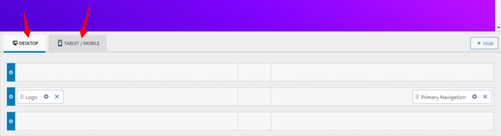 Kadence header builder - CyberNaira A screenshot of the Kadence theme header builder interface within the WordPress customizer. Two red arrows point to the "Desktop" and "Tablet / Mobile" view toggle buttons at the top left. Below these options, a drag-and-drop grid shows the header structure, with a "Logo" element placed in the far-left column and "Primary Navigation" placed in the far-right column. The interface allows for precise placement of site elements across three distinct header rows.