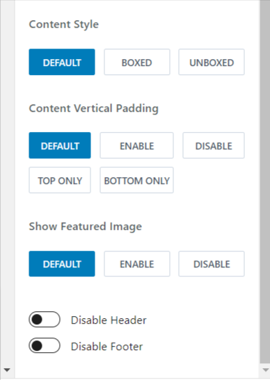 Kadence page level settings 1 - CyberNaira A screenshot of the Kadence theme page-level customization settings in the WordPress editor sidebar. The interface provides options for "Content Style" with choices for Default, Boxed, and Unboxed, as well as "Content Vertical Padding" settings like Enable, Disable, Top Only, and Bottom Only. Additional controls include a "Show Featured Image" toggle and switches to "Disable Header" or "Disable Footer" for specific pages.