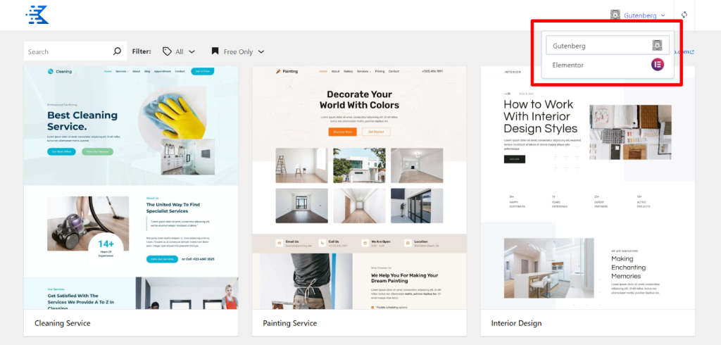 Kadence starter sites dashboard - CyberNaira A screenshot of the Kadence Starter Templates library interface showing professional website templates for Cleaning Service, Painting Service, and Interior Design. A red rectangle in the upper right corner highlights a dropdown menu for page builder selection, with Gutenberg currently selected and Elementor as the alternative option. The interface includes a search bar and a "Filter" dropdown menu set to "Free Only" to sort through the available pre-built designs.
