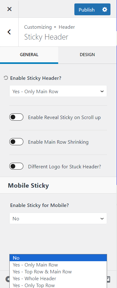 Kadence sticky header customization - CyberNaira A screenshot of the WordPress customizer interface for the Kadence theme, specifically the "Sticky Header" configuration panel. The sidebar displays several customization options including a dropdown to "Enable Sticky Header?" currently set to "Yes - Only Main Row." Toggle switches are visible for "Enable Reveal Sticky on Scroll up," "Enable Main Row Shrinking," and "Different Logo for Stuck Header?". At the bottom, under the "Mobile Sticky" section, a dropdown menu is open showing multiple responsive options such as "Yes - Top Row & Main Row," "Yes - Whole Header," and "Yes - Only Top Row."