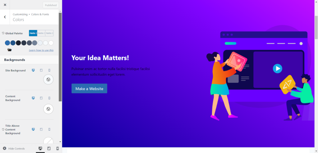 Kadence theme color palette and customization settings - CyberNaira A screenshot of the WordPress customizer for the Kadence theme focusing on the "Colors & Fonts" settings. The left sidebar shows the "Global Palette" selection with three available palette presets and a row of eight circular color swatches ranging from dark blues to whites. Below the palette, background customization options are visible, including settings for "Site Background," "Content Background," and "Title Above Content Background." The main preview window displays a vibrant purple hero section with the headline "Your Idea Matters!" and a blue "Make a Website" button, reflecting the active color scheme.