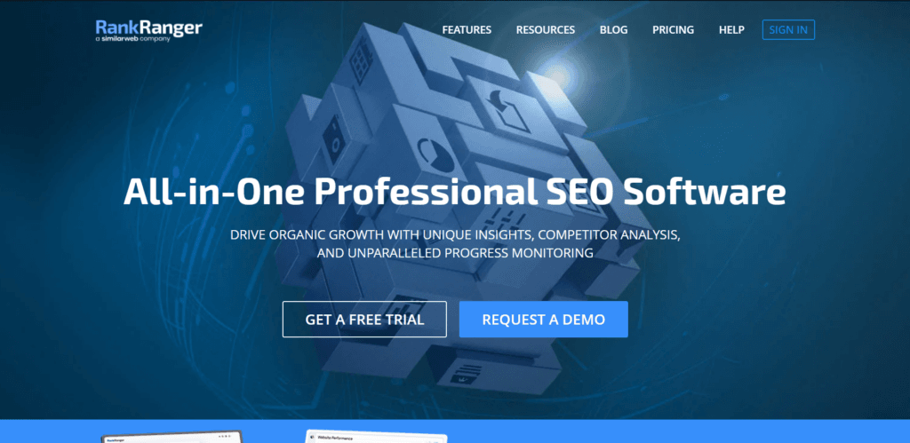 RankRanger homepage showcasing its all-in-one professional SEO software for organic growth and competitor analysis.