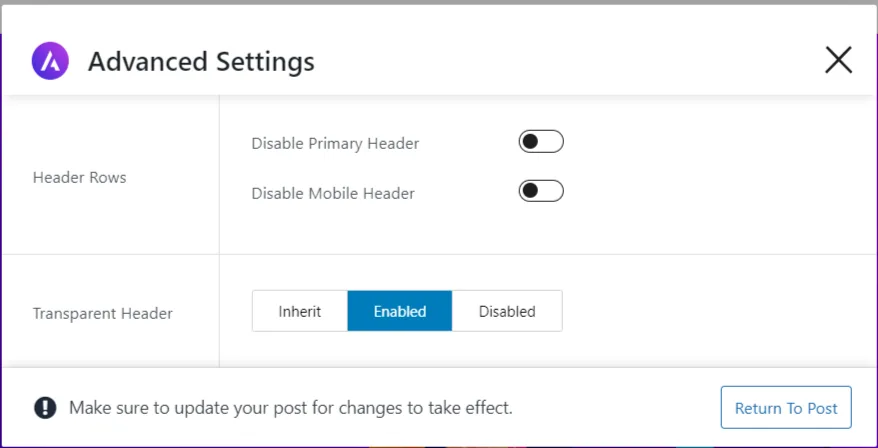 astra theme advanced page header settings Astra theme advanced page settings panel showing options to disable primary header, disable mobile header, and enable transparent header.