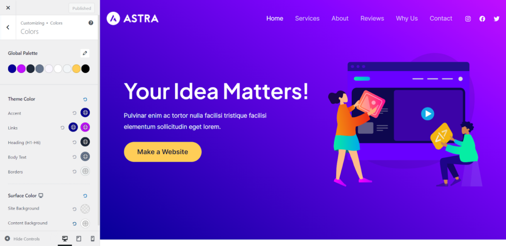 astra theme color palette and customizations - CyberNaira A screenshot of the WordPress customizer showing the "Colors" settings for the Astra theme. The left sidebar displays the "Global Palette" with a row of eleven circular color swatches and specific theme color controls for accent, links, headings, body text, and borders. The main preview window shows a vibrant purple homepage for "Astra" with a "Your Idea Matters!" headline and a yellow "Make a Website" button. The color controls on the left directly correspond to the design elements visible in the live preview on the right.