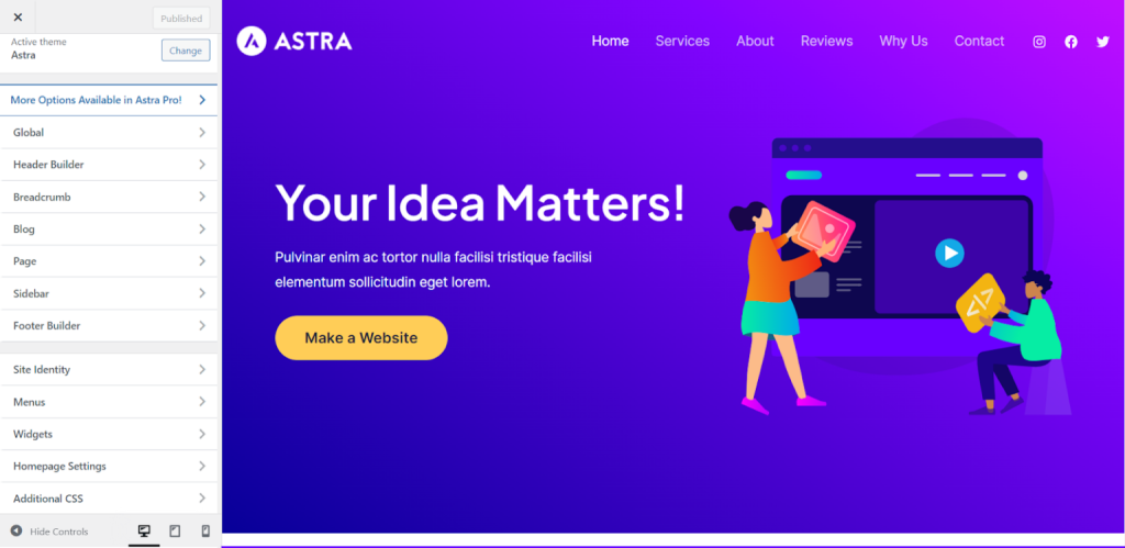 astra theme customizer and realtime site preview - CyberNaira A screenshot of the WordPress Customizer for the Astra theme showing the sidebar options on the left and a live homepage preview on the right. The sidebar includes menu items such as Global, Header Builder, Breadcrumb, Blog, Page, Sidebar, and Footer Builder. The preview window displays a vibrant purple hero section with the headline "Your Idea Matters!" along with a call-to-action button and a colorful illustration of people interacting with digital interfaces. The navigation menu at the top features links for Home, Services, About, and Reviews, alongside social media icons.