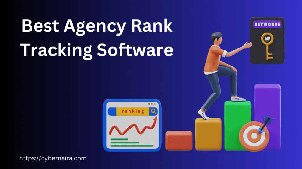 Guide banner titled "Best Agency Rank Tracking Software" featuring 3D characters, a ranking growth chart, and an SEO target illustration on a blue background.