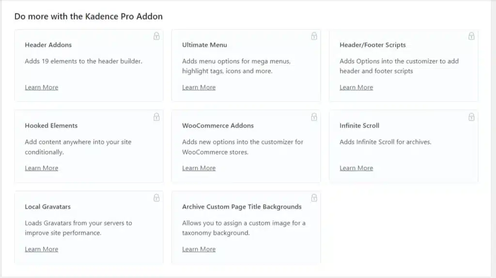 kadence pro addon modules and premium features Kadence Pro Addon modules dashboard showing premium features such as header addons, ultimate menu, WooCommerce addons, infinite scroll, and hooked elements.