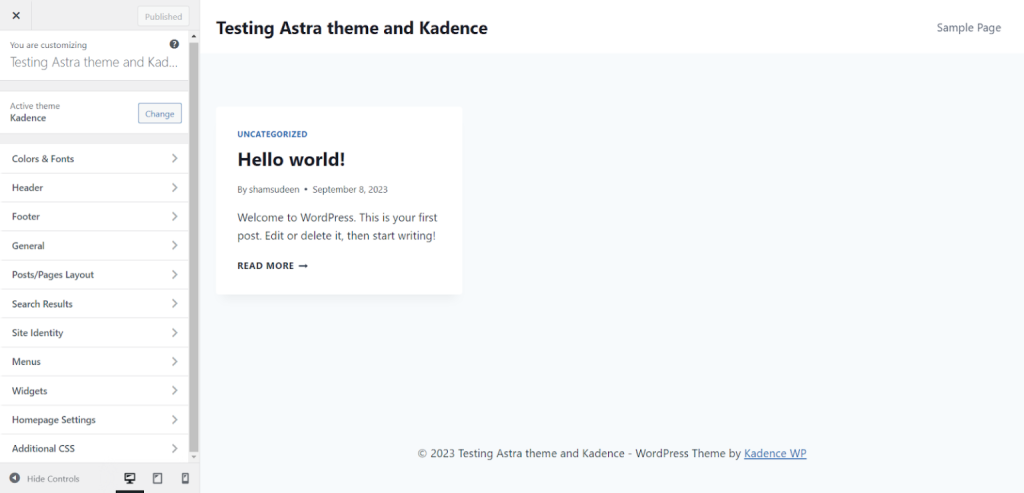 kadence theme customizer and realtime site preview - CyberNaira A screenshot of the WordPress Customizer interface with the Kadence theme active. The left sidebar displays various customization categories, including Colors & Fonts, Header, Footer, General, and Posts/Pages Layout. The main preview window shows a basic website layout titled "Testing Astra theme and Kadence," featuring a single blog post titled "Hello world!" by shamsudeen. The footer area includes a copyright notice and a link to the Kadence WP website.