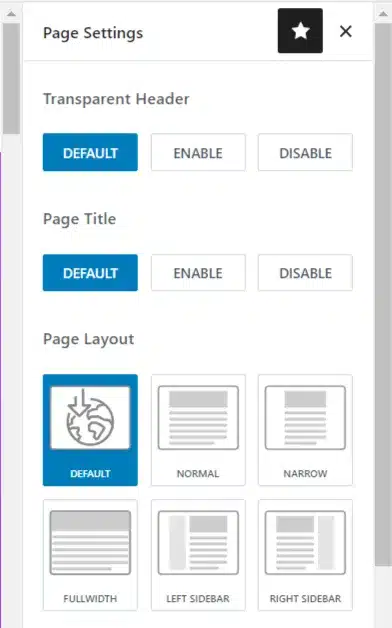 kadence theme page level settings for header title Kadence theme page settings panel showing options for transparent header, page title display, and page layout choices.